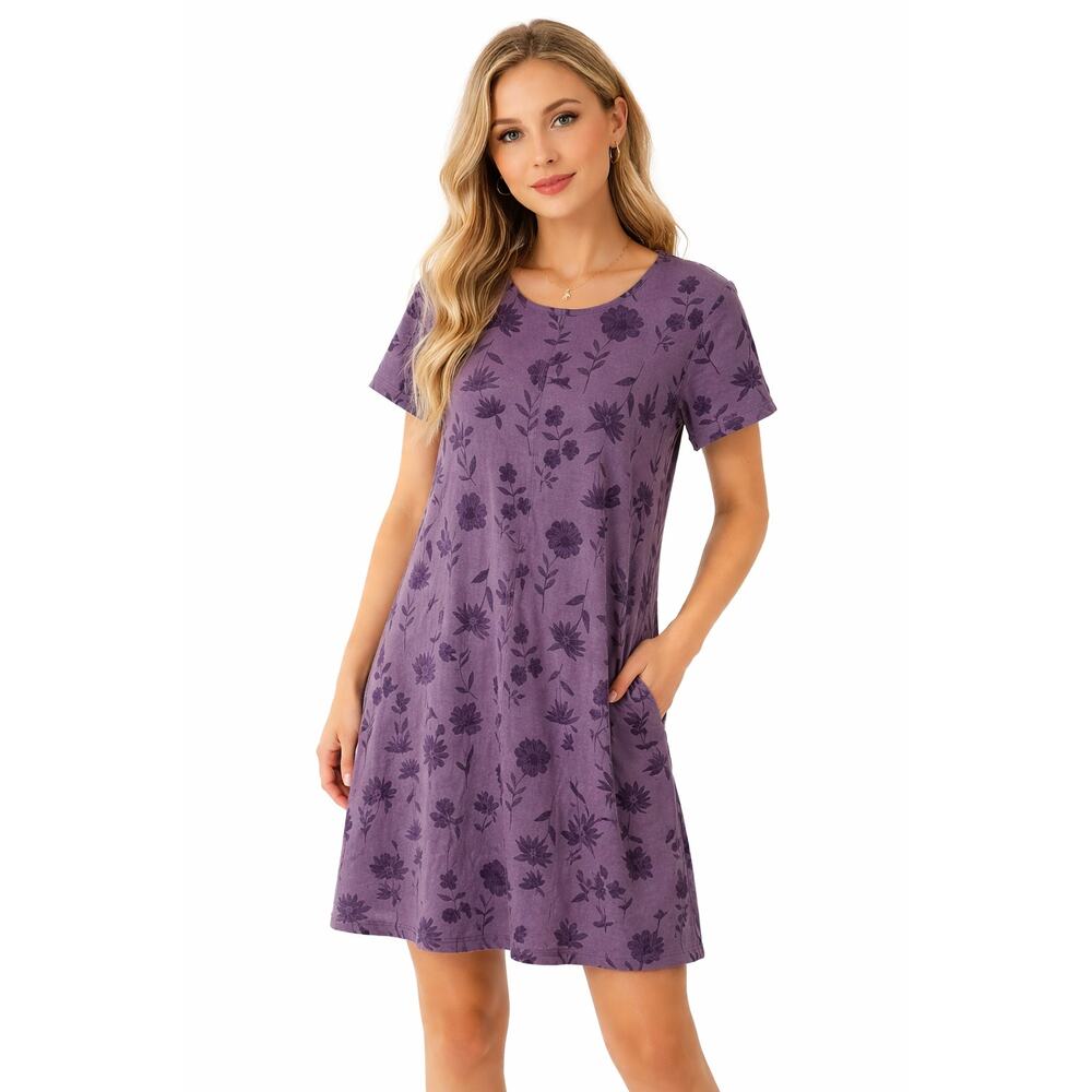 Cotton Studio Purple Floral Shift Dress Womens M Made in USA Casual Cottagecore